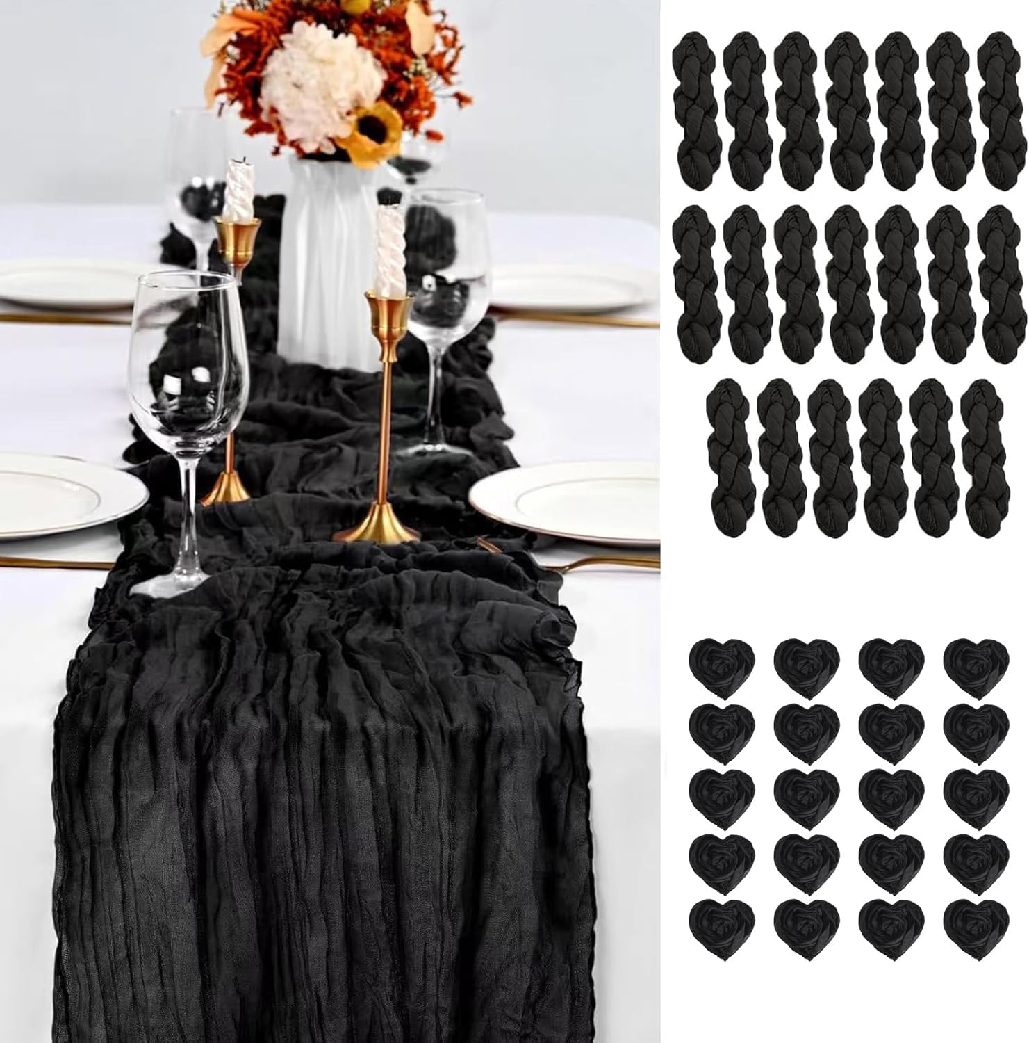 20 PCS Black Cheesecloth Table Runner with Napkins for Events