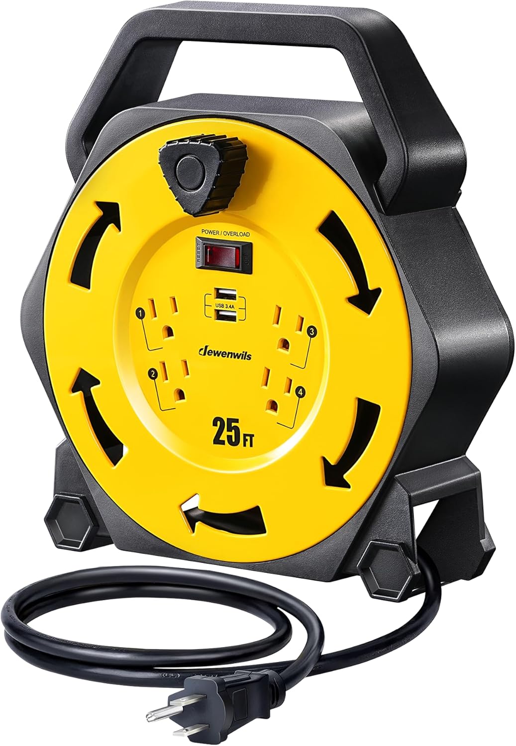 DEWENWILS Cord Reel with 4 Outlets and 2 USB Ports for Convenience