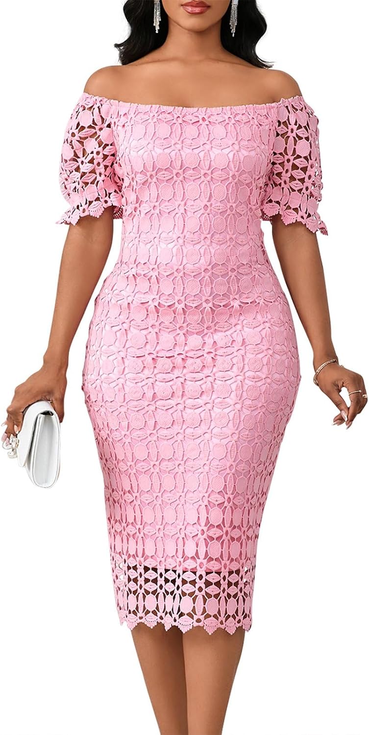 Elegant Sexy Floral Lace Off Shoulder Midi Dress for Parties