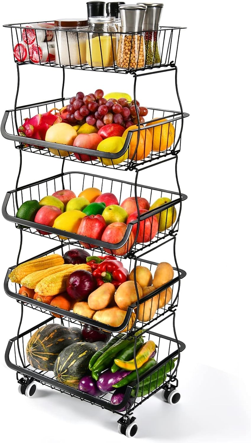 5 Tier Stackable Metal Wire Storage Baskets for Kitchen Use