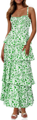 Fisoew Womens Floral Maxi Dress Spaghetti Strap Sleeveless Ruffle