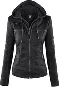Women's Faux Leather Moto Biker Jacket with Hood (Style 5BLG)