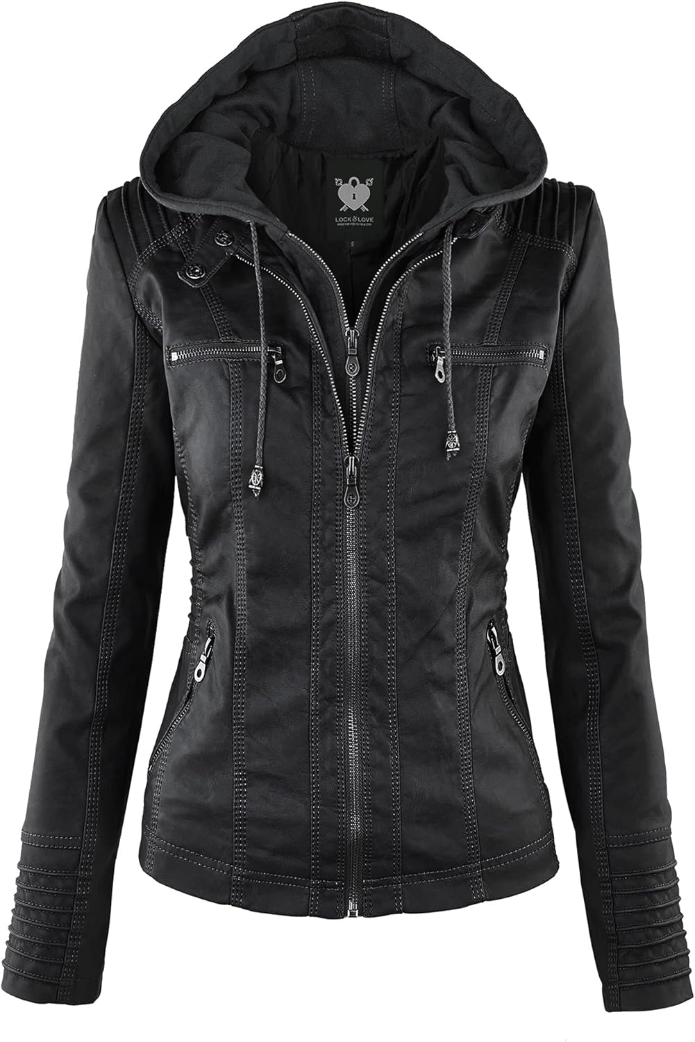 Stylish Faux Leather Moto Biker Jacket with Removable Hood