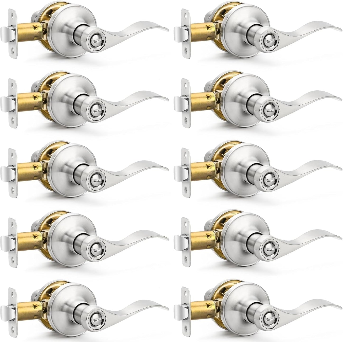 Brushed Nickel Door Handles - 10 Pack Privacy Door Levers