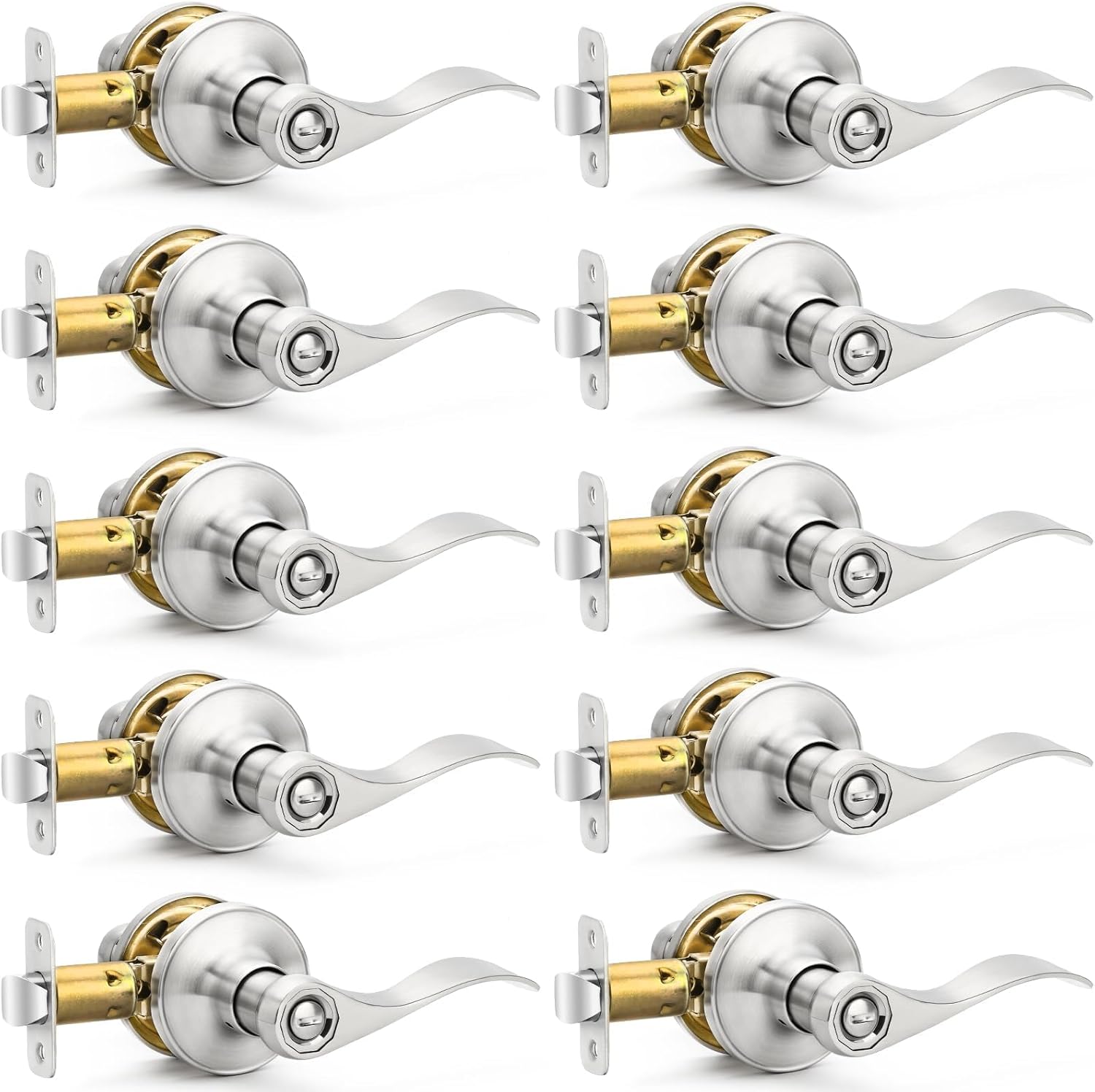 Brushed Nickel Door Handles - 10 Pack Privacy Door Levers