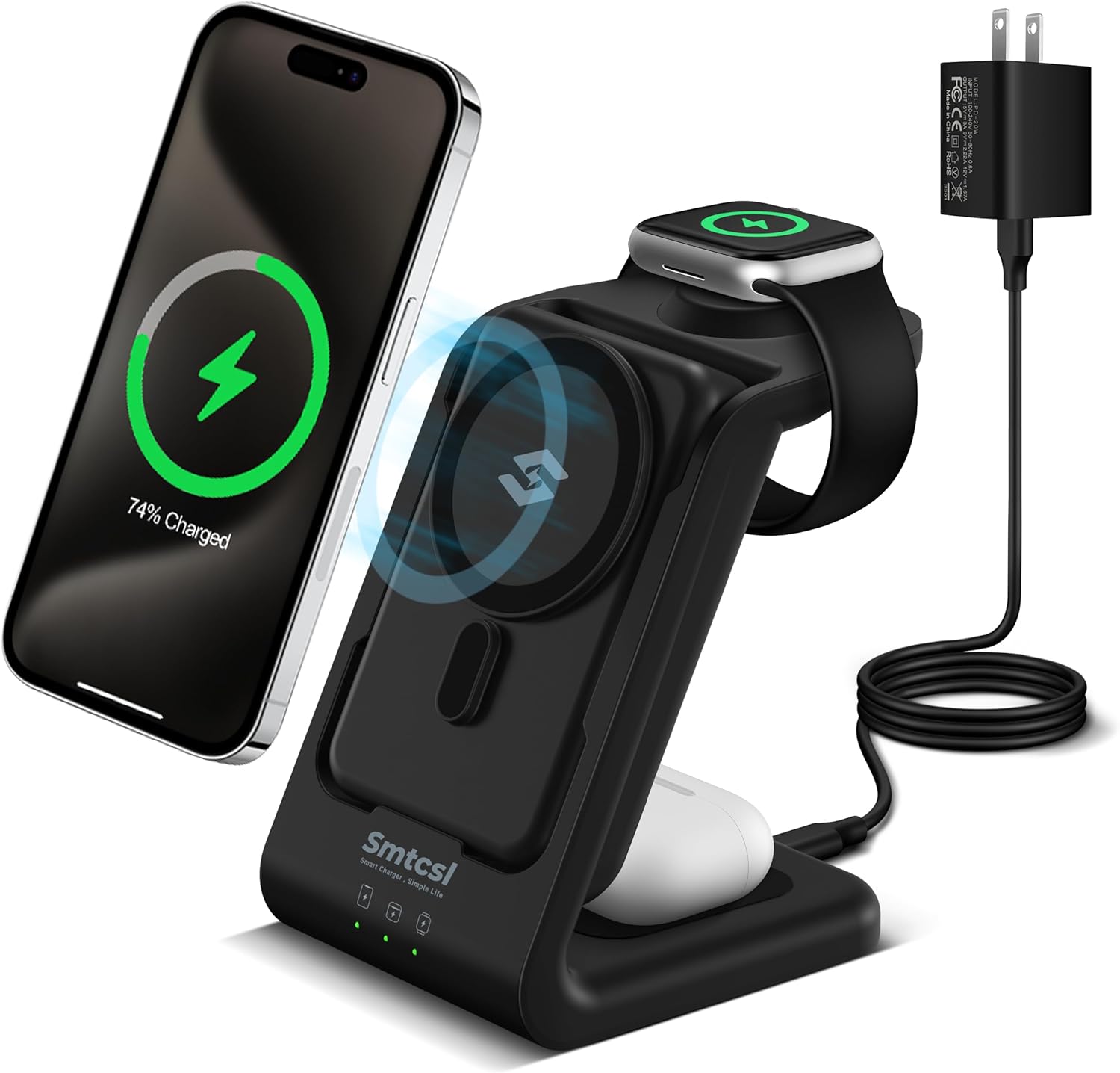 3 in 1 Wireless Charging Station for iPhone, Apple Watch, AirPods