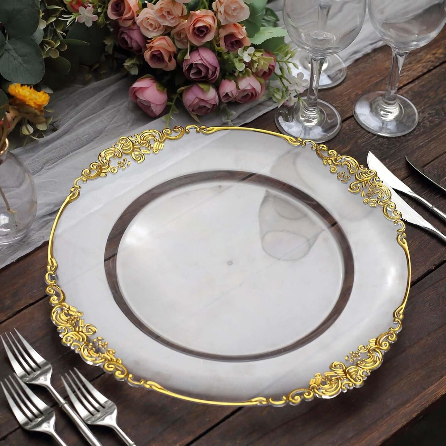 Acrylic Charger Plates 13in Round Clear with Gold Baroque Rim