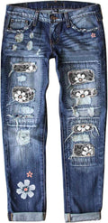 Plaid Patch Ripped Boyfriend Jeans for Women - Distressed Stretch