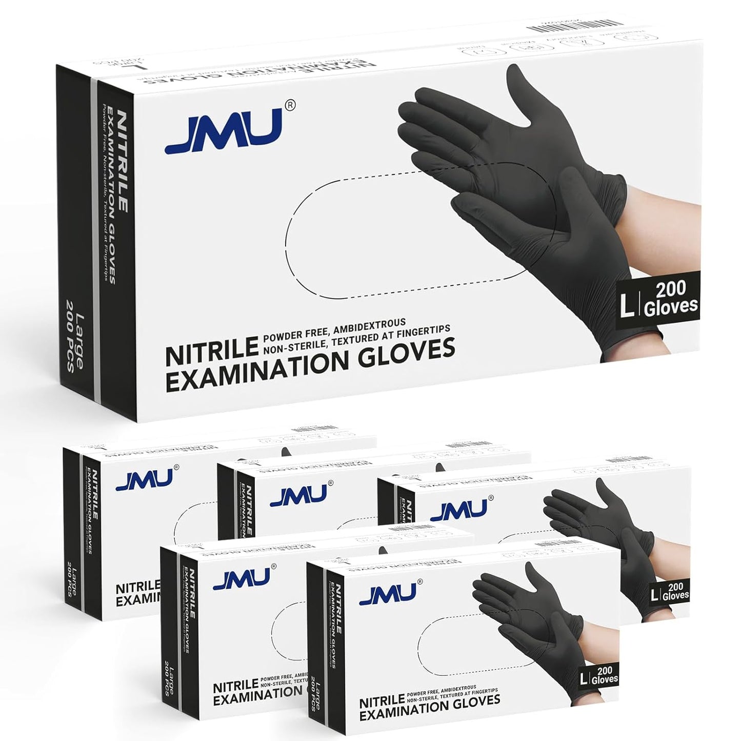 JMU Large Black Nitrile Gloves 1200ct Case, Latex-Free
