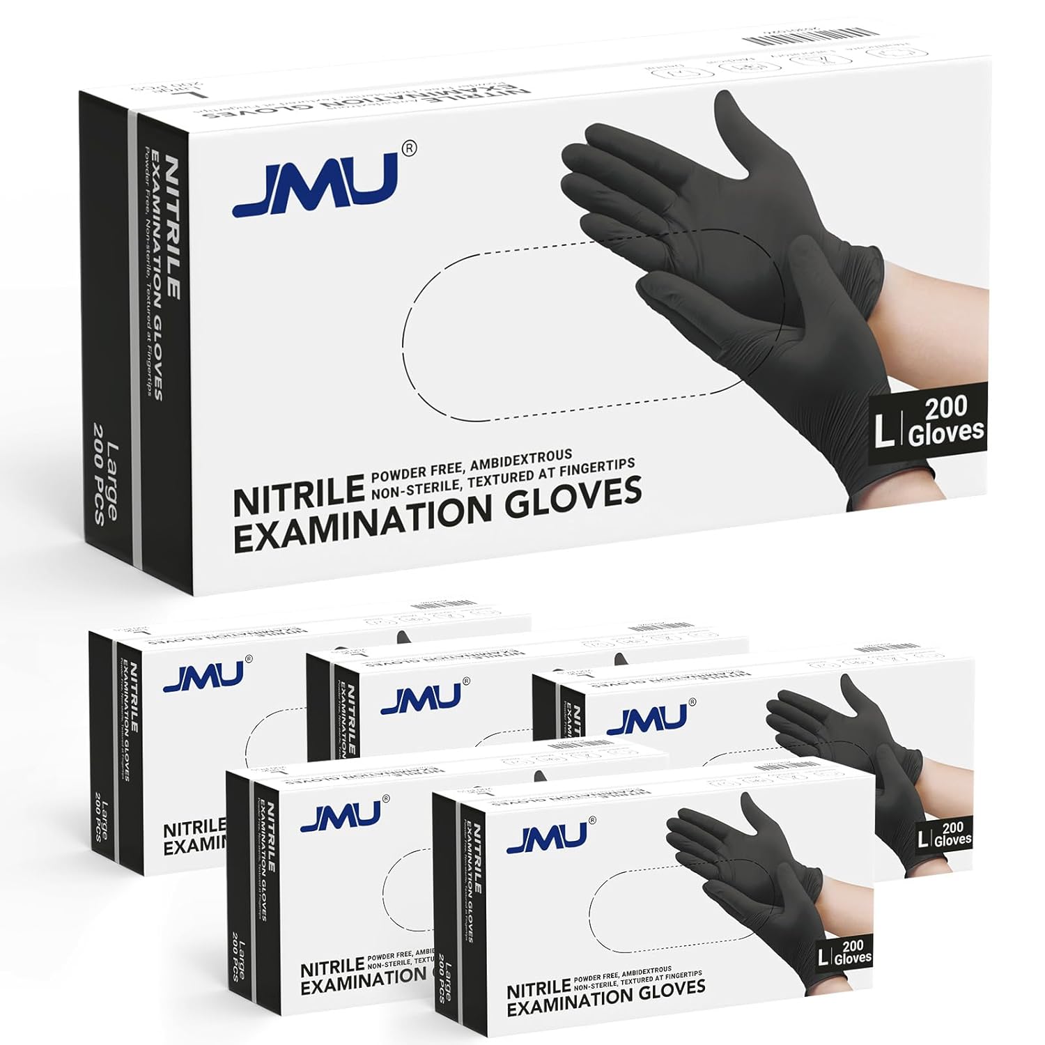 JMU Large Black Nitrile Gloves 1200ct Case, Latex-Free