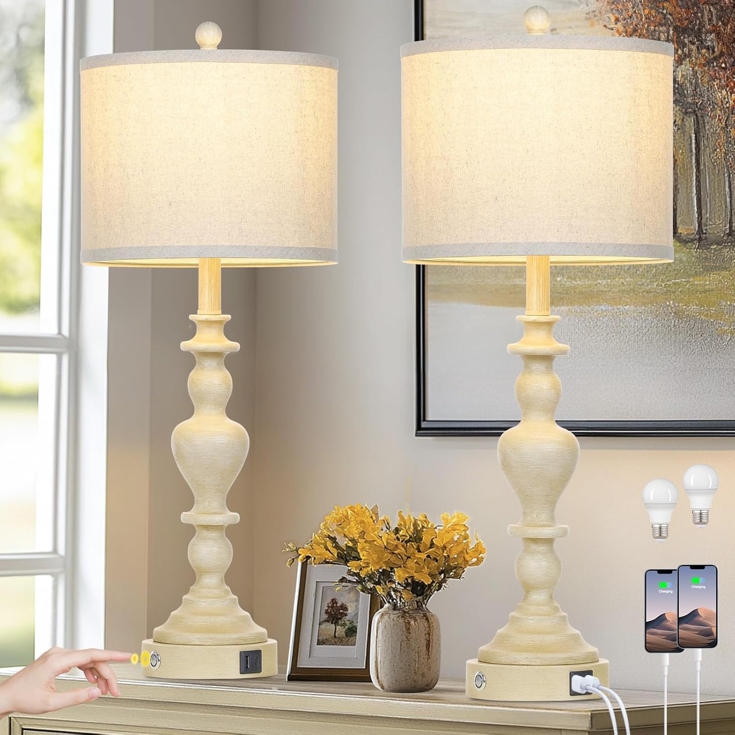 27 Farmhouse Lamps Set of 2 with USB Charging Ports for Home