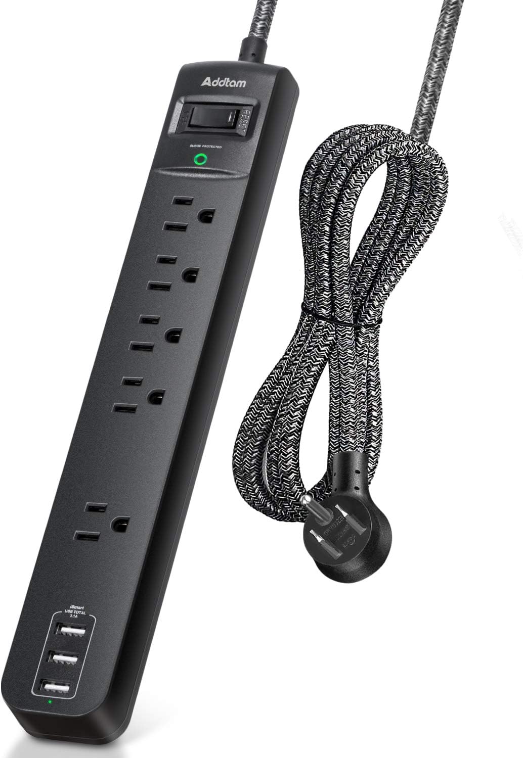 Addtam 10Ft Surge Protector - 5 Outlets 3 USB, Wall Mount, Overload Protection