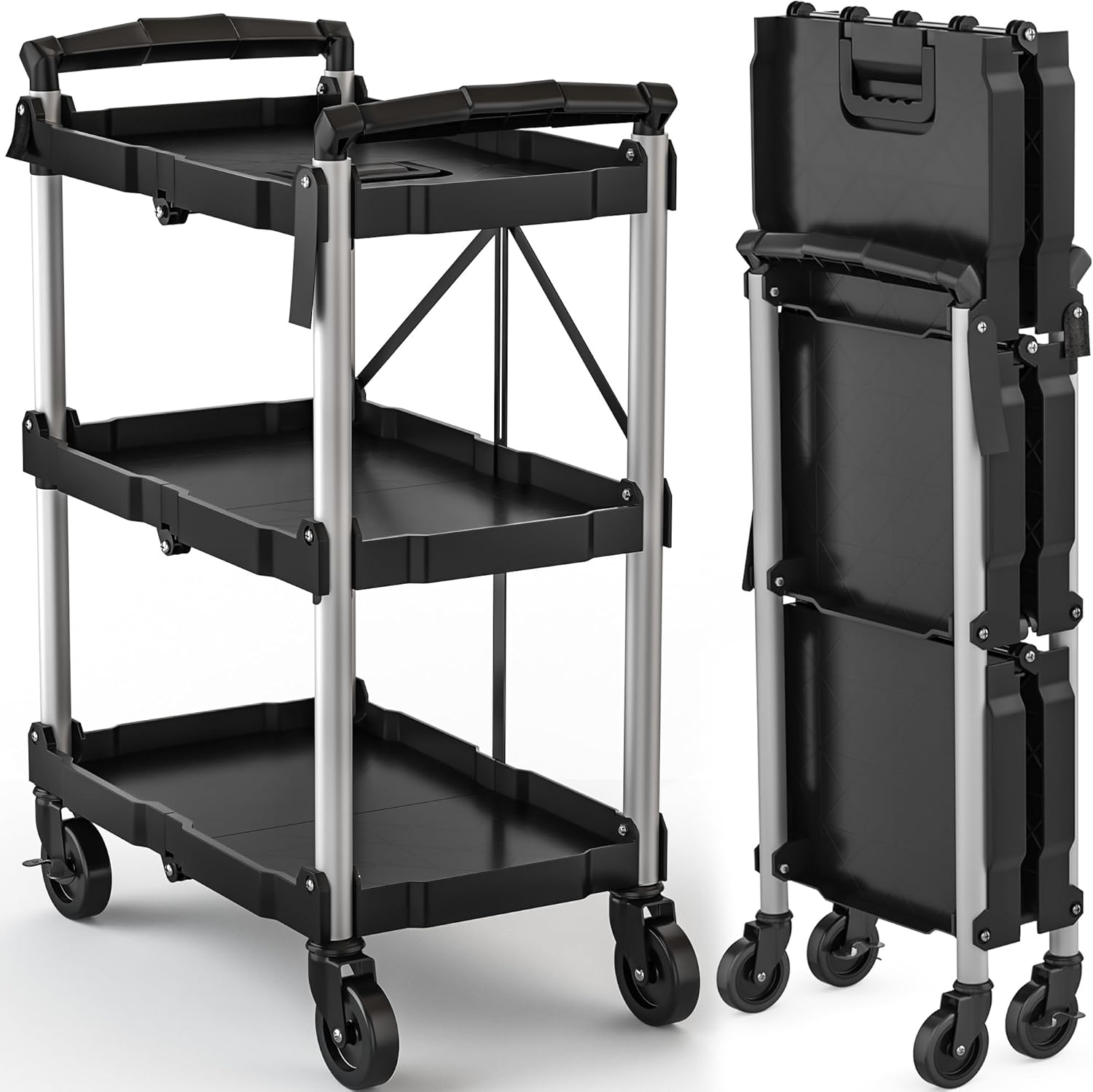 DWVO Folding Utility Carts: Heavy Duty 3-Tier Rolling Cart