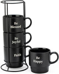 Be Happy Stoneware Coffee Mugs Set - Set of 4, 15 oz, Matte Black