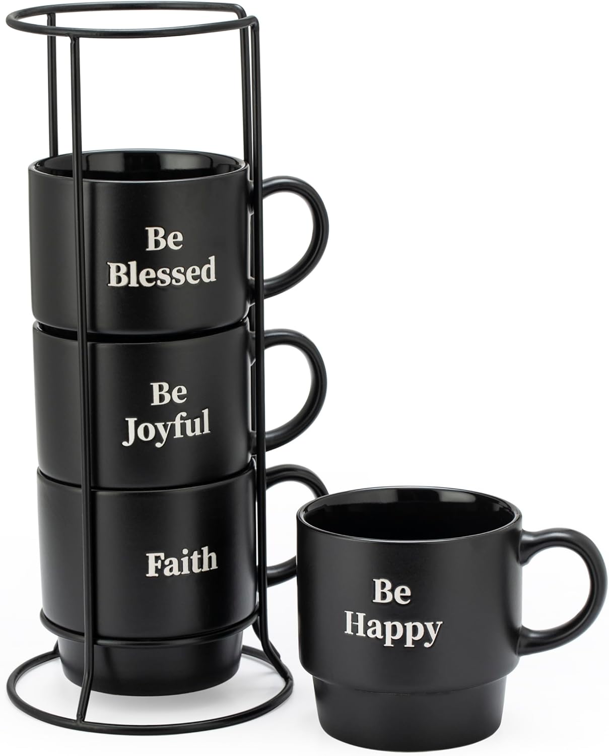 Be Happy Stoneware Coffee Mugs Set - Set of 4, 15 oz, Matte Black