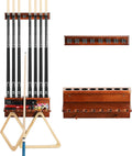 Wall Mount Pool Stick Holder - 8-Cue Oak Rack for Game Rooms