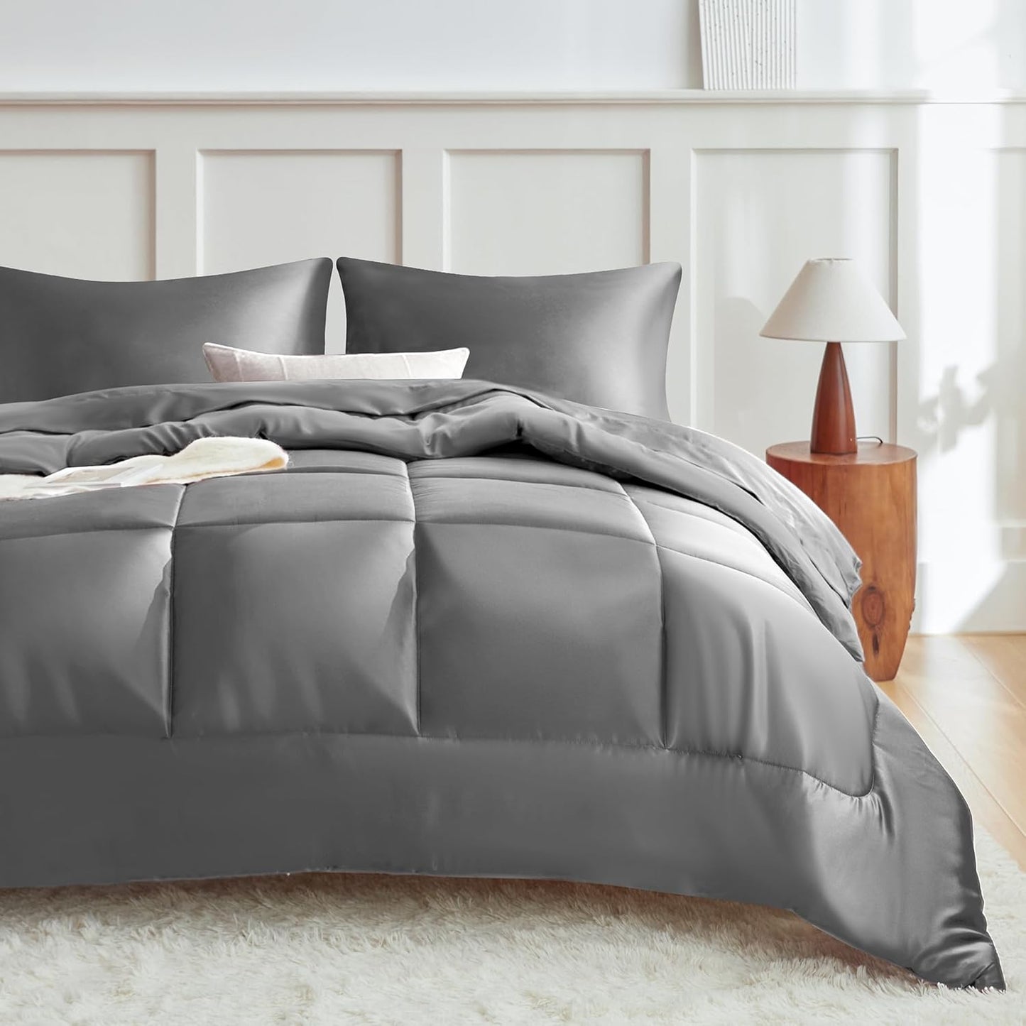 MR&HM Queen Comforter Set Dark Grey, Silky Soft Bedding Set