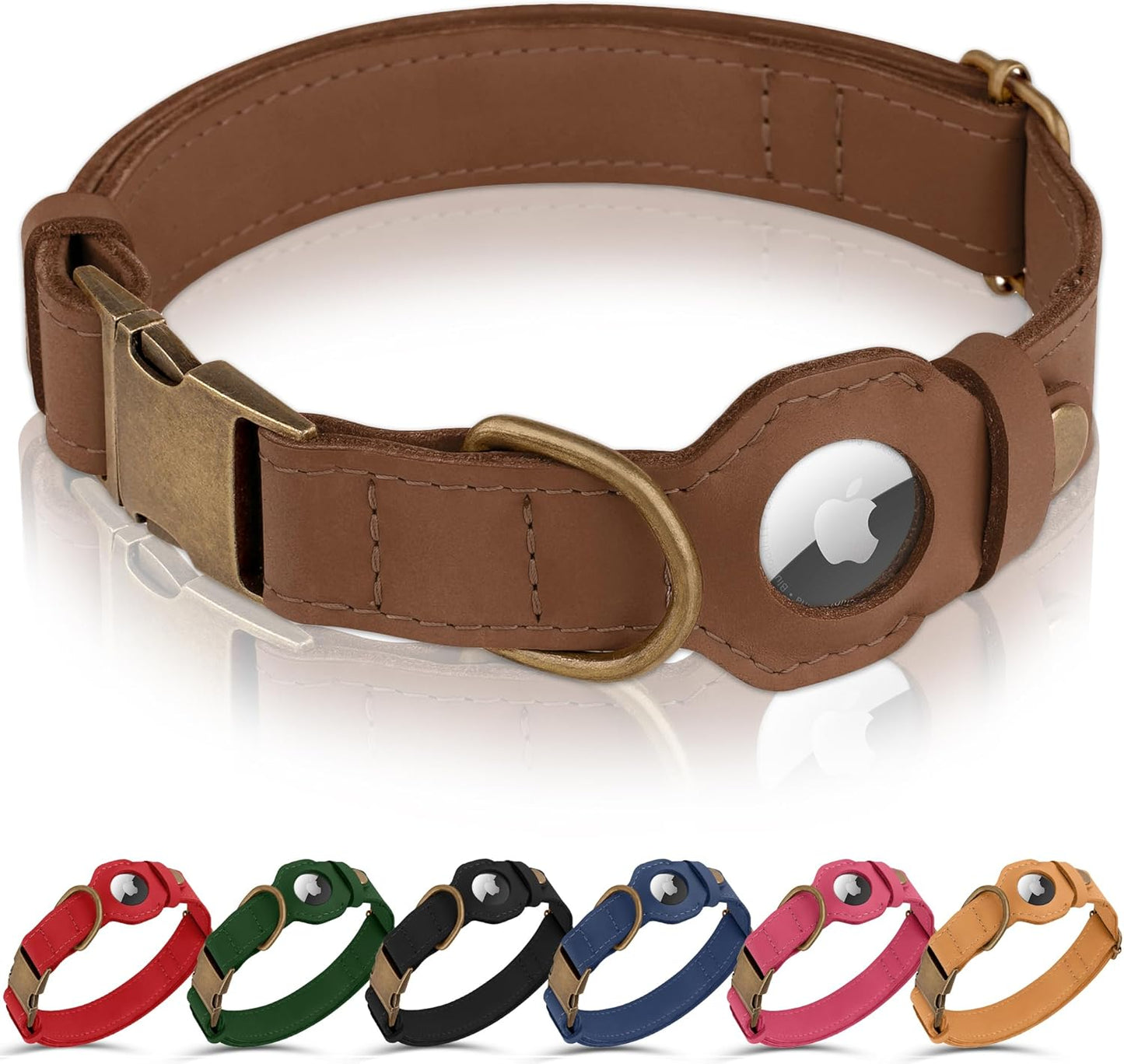 AirTag Dog Collar - Genuine Leather with GPS Tracking Holder