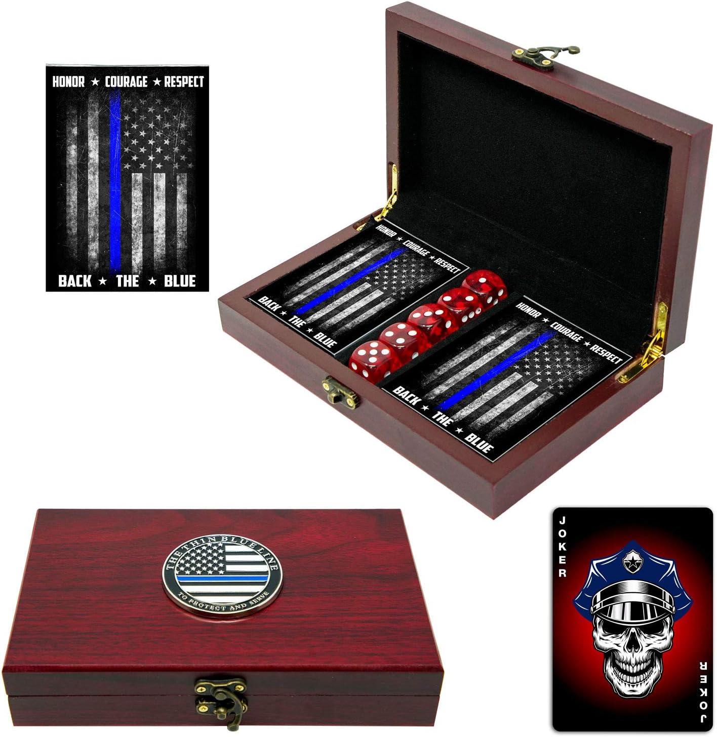 Police Officer Playing Cards & Dice Set in Wooden Keepsake Box