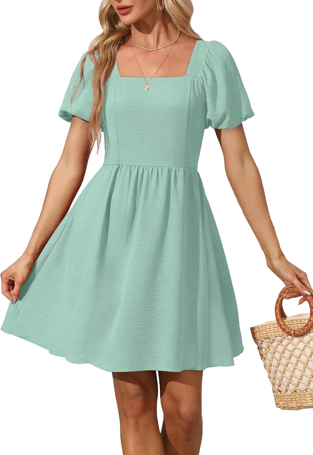 OFEEFAN Women Puff Sleeve Square Neck Tie Back Dress Review