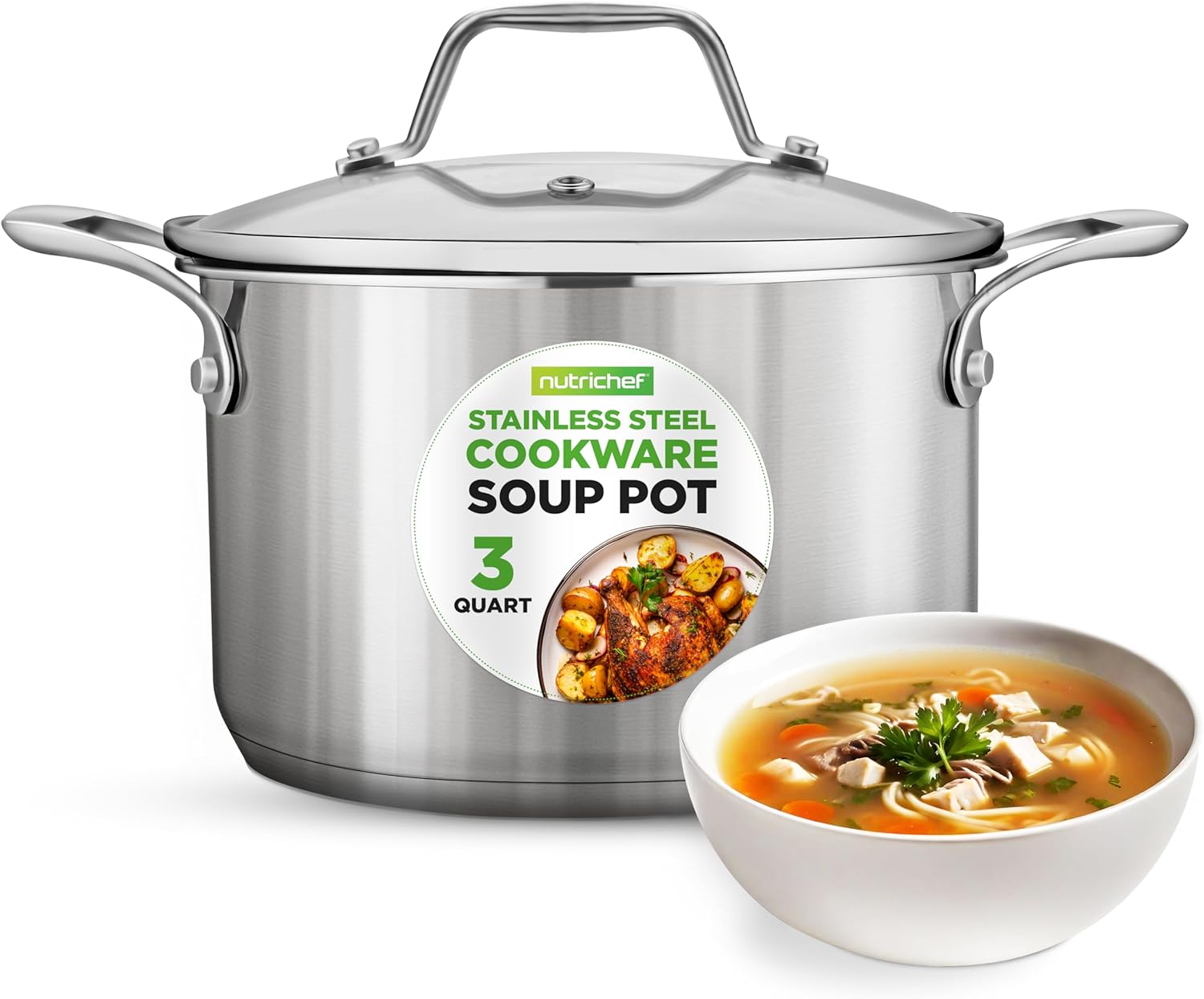 NutriChef 3-Quart Stainless Steel Pot with Glass Lid for Cooking