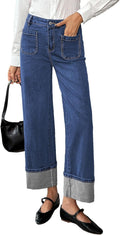 Womens High Waisted Stretchy Wide Leg Jeans - Cuffed Ankle Fit