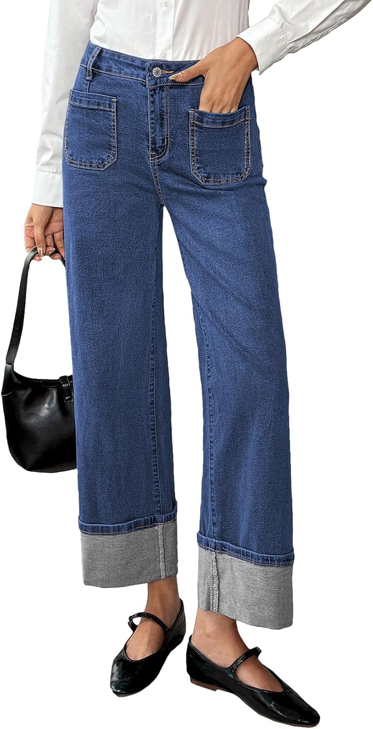 EVALESS Womens High Waisted Stretchy Cuffed Wide Leg Jeans