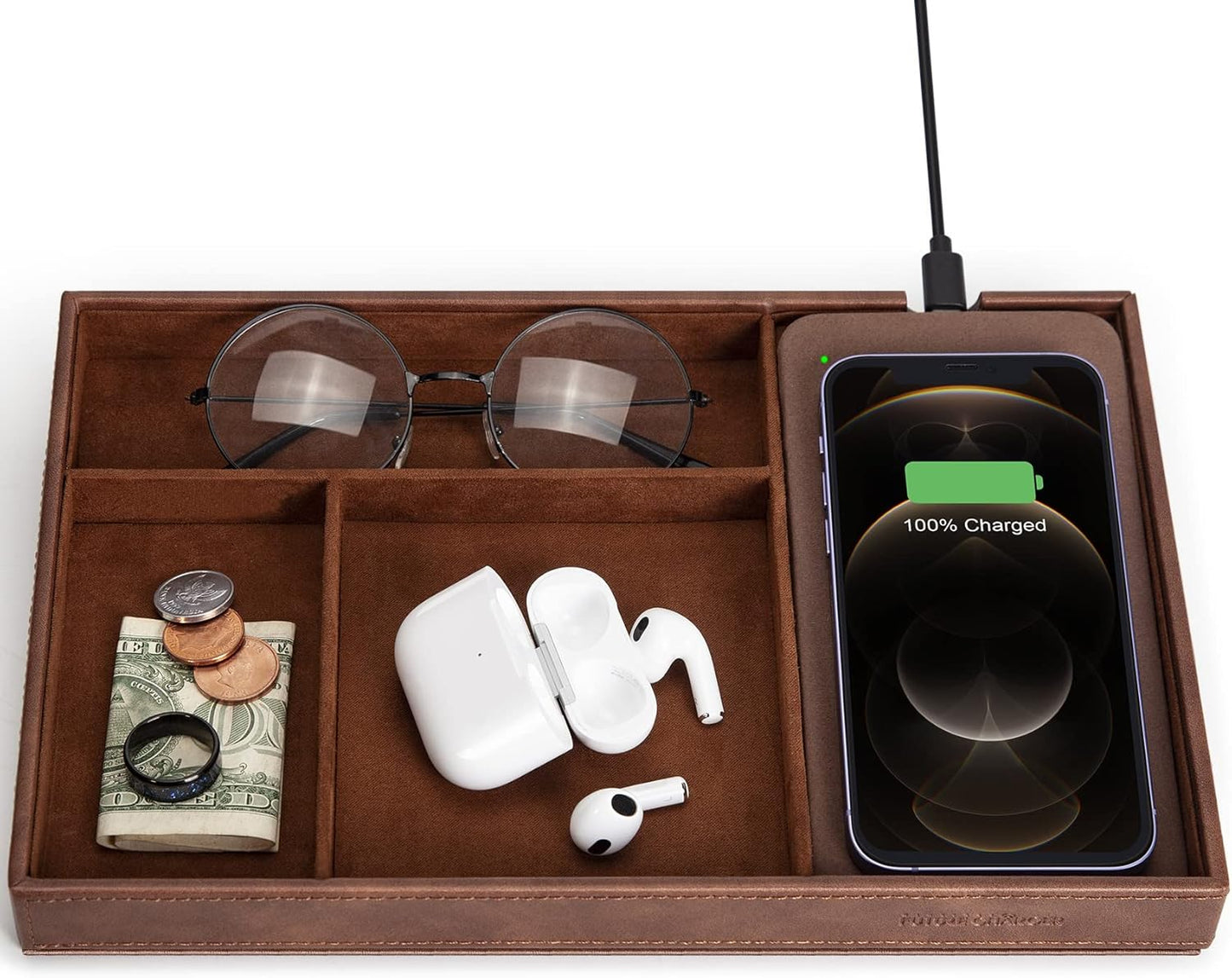 Wireless Charging Valet Tray - Brown