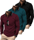Men's Long Sleeve Polo Shirts 3 Pack - Breathable Moisture Wicking