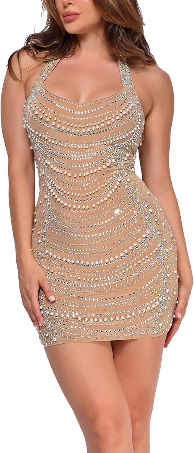 Hot Drilling Craft Sexy Long Sleeve Mesh Party Dress for Women