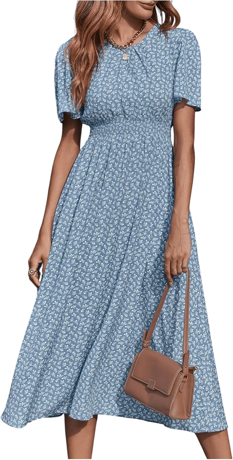 Floerns Women's Casual Floral Print Crewneck A Line Maxi Dress