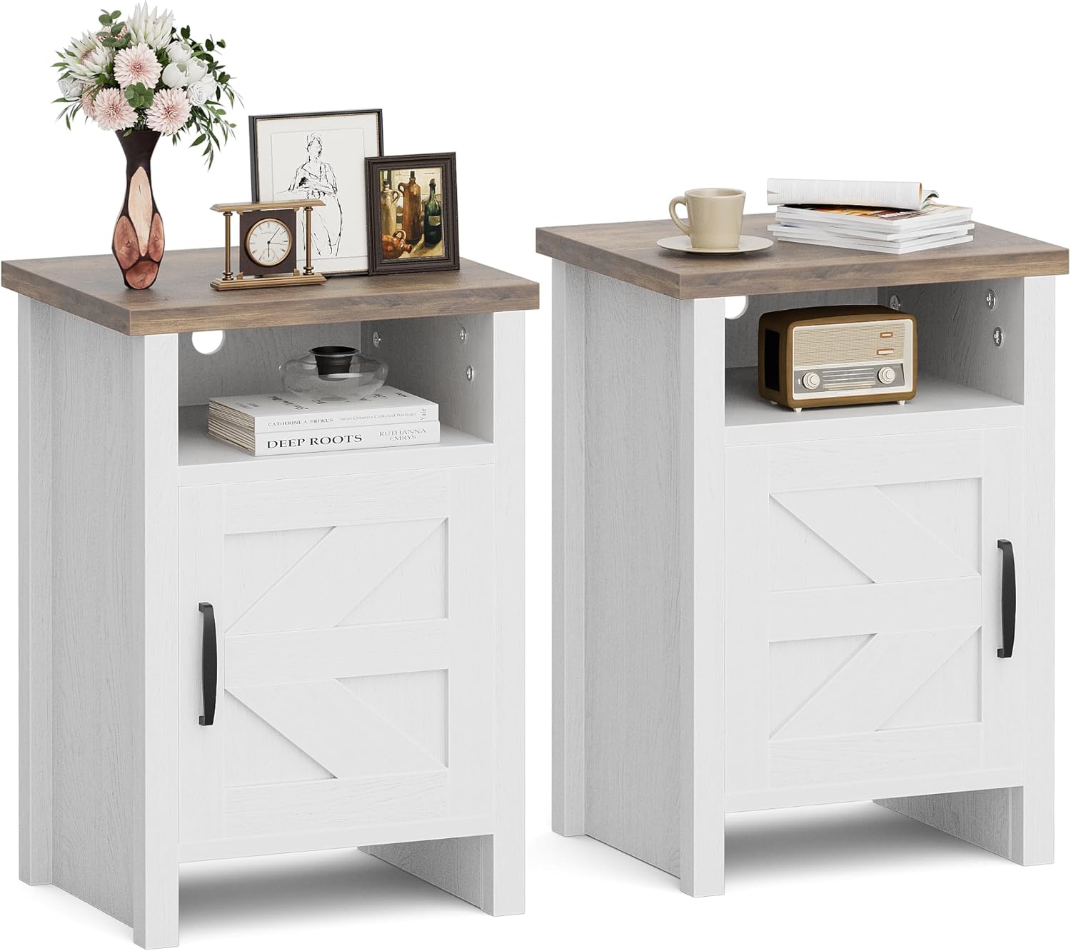 Farmhouse Nightstand Set of 2 with Barn Door Design for Storage