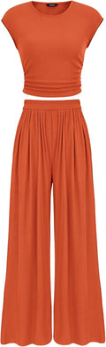 Women's Summer 2 Piece Outfits 2025 - Ruched Slim Tee & Wide Leg Pant