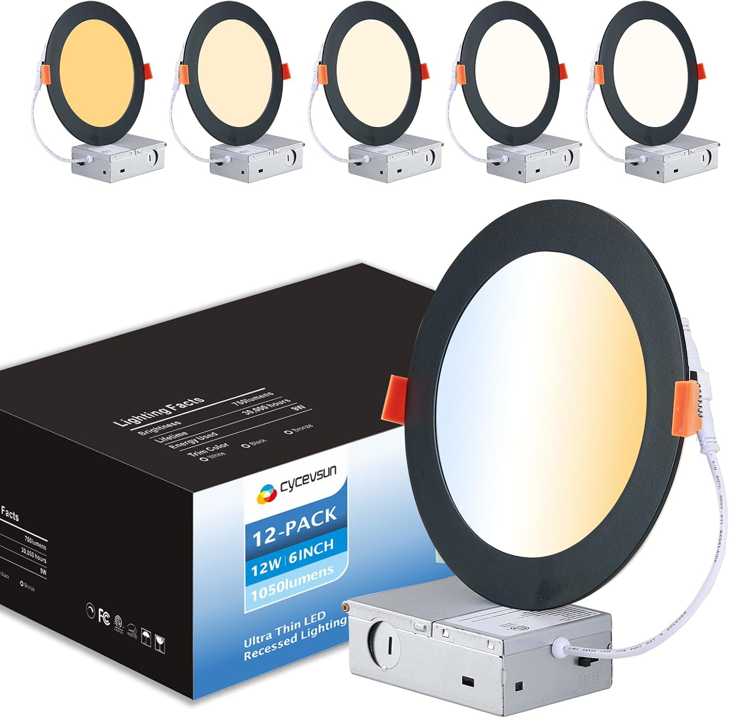 12 Pack Black Recessed Lights 6 Inch Dimmable Canless Wafer