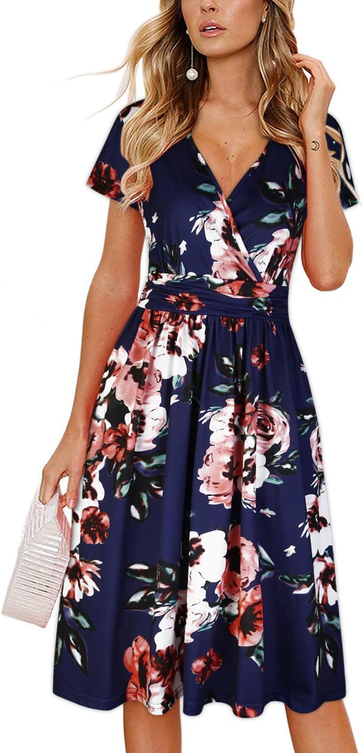 OUGES Women's Summer Short Sleeve V-Neck Floral Dress with Pockets