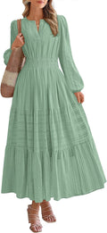 Fall Maxi Dress V Neck Long Sleeve Elastic Waist - Elegant Boho