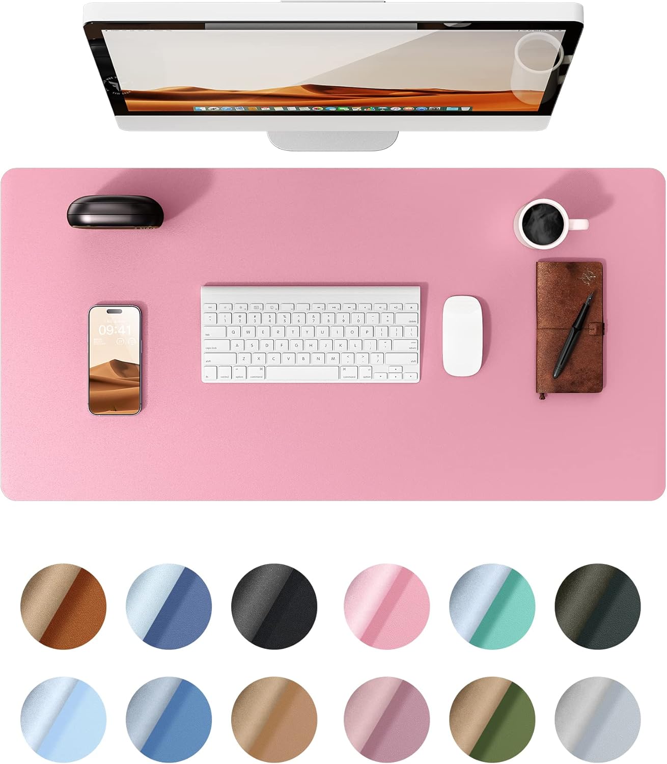 YSAGi Pink Leather Desk Protector - Non-Slip Waterproof Mat