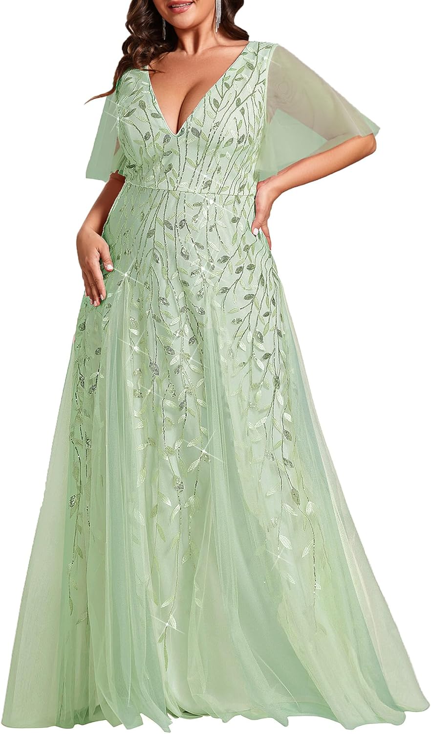 Plus Size V-Neck Sequin Embroidery A Line Evening Dress