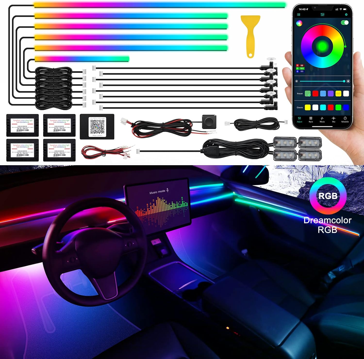Dreamcolor Acrylic Car LED Strip Light with APP Control and RGB