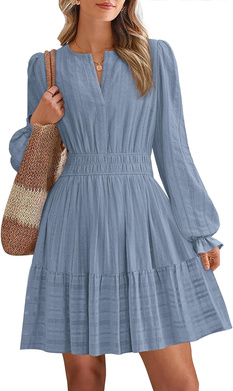 BTFBM Mini Dresses for Women 2025 Casual Long Sleeve V Neck