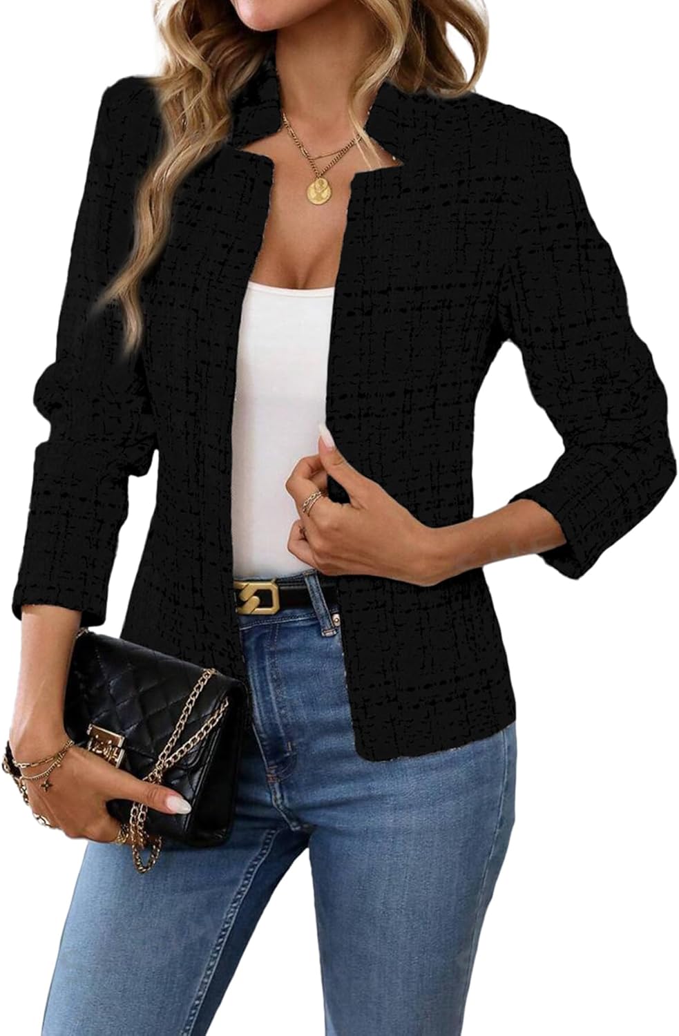 ELLEVEN Womens' Tweed Blazer Long Sleeve Jacket for Work