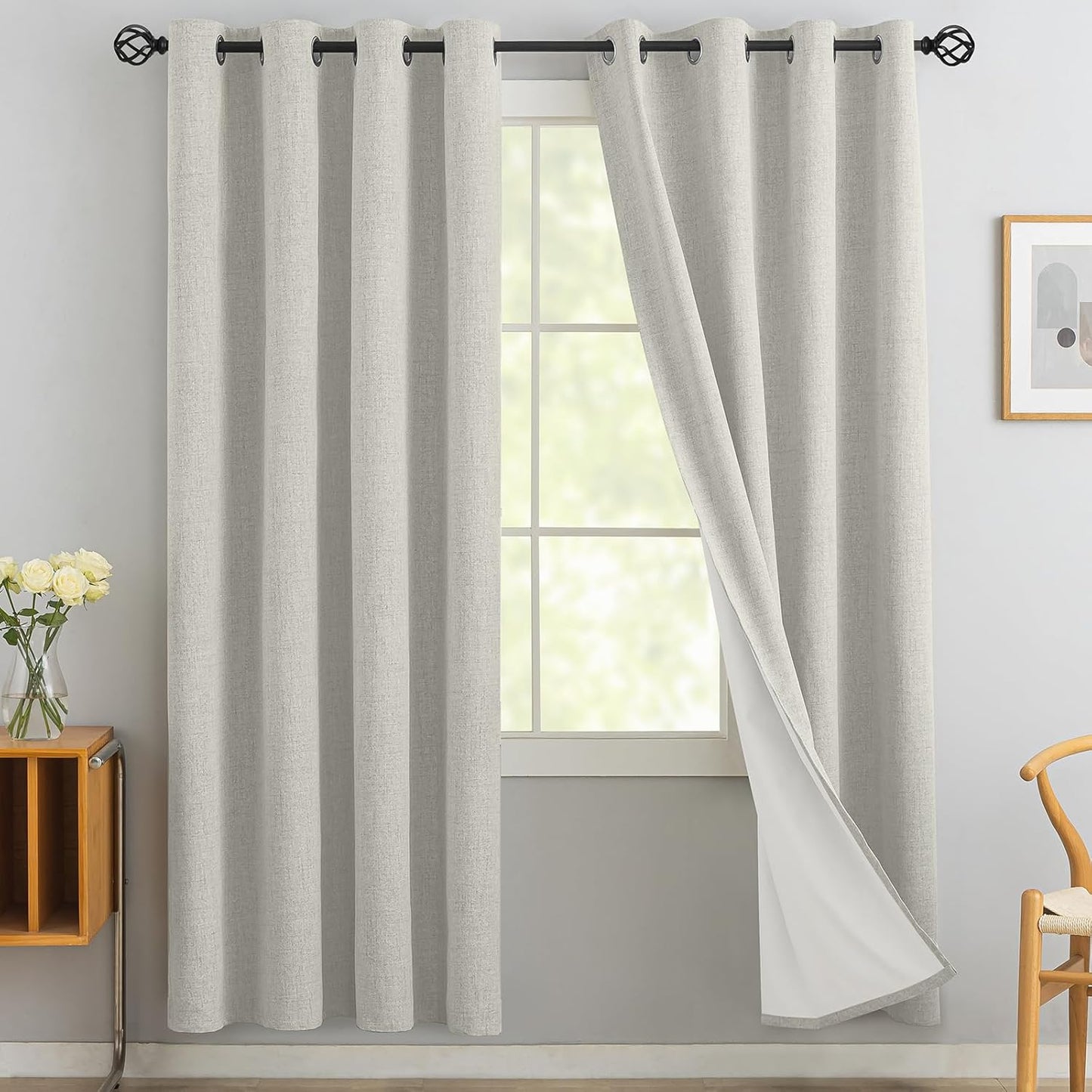 Yakamok Cream Linen Curtains 100% Blackout for Living Room