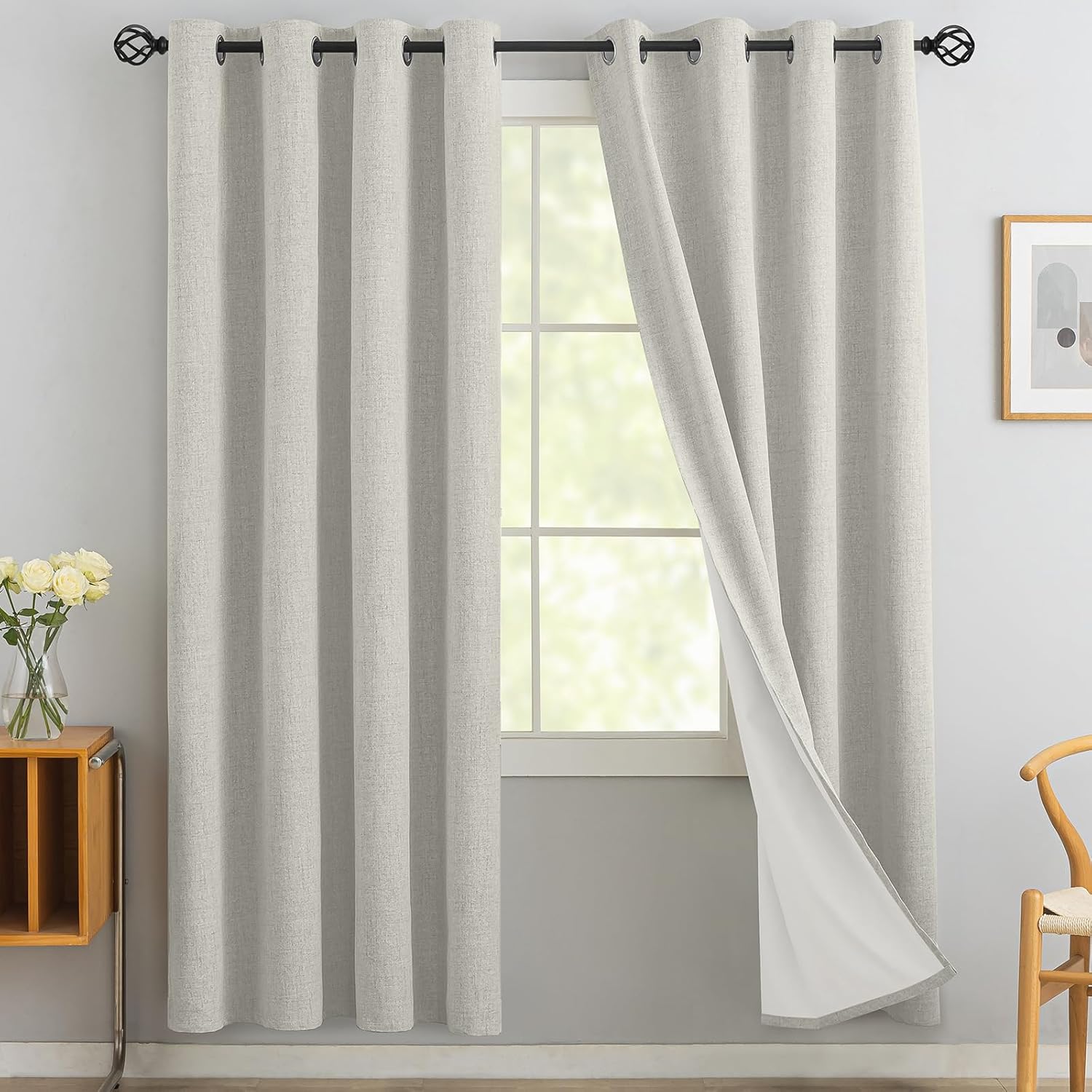 Yakamok Cream Linen Curtains 100% Blackout for Living Room
