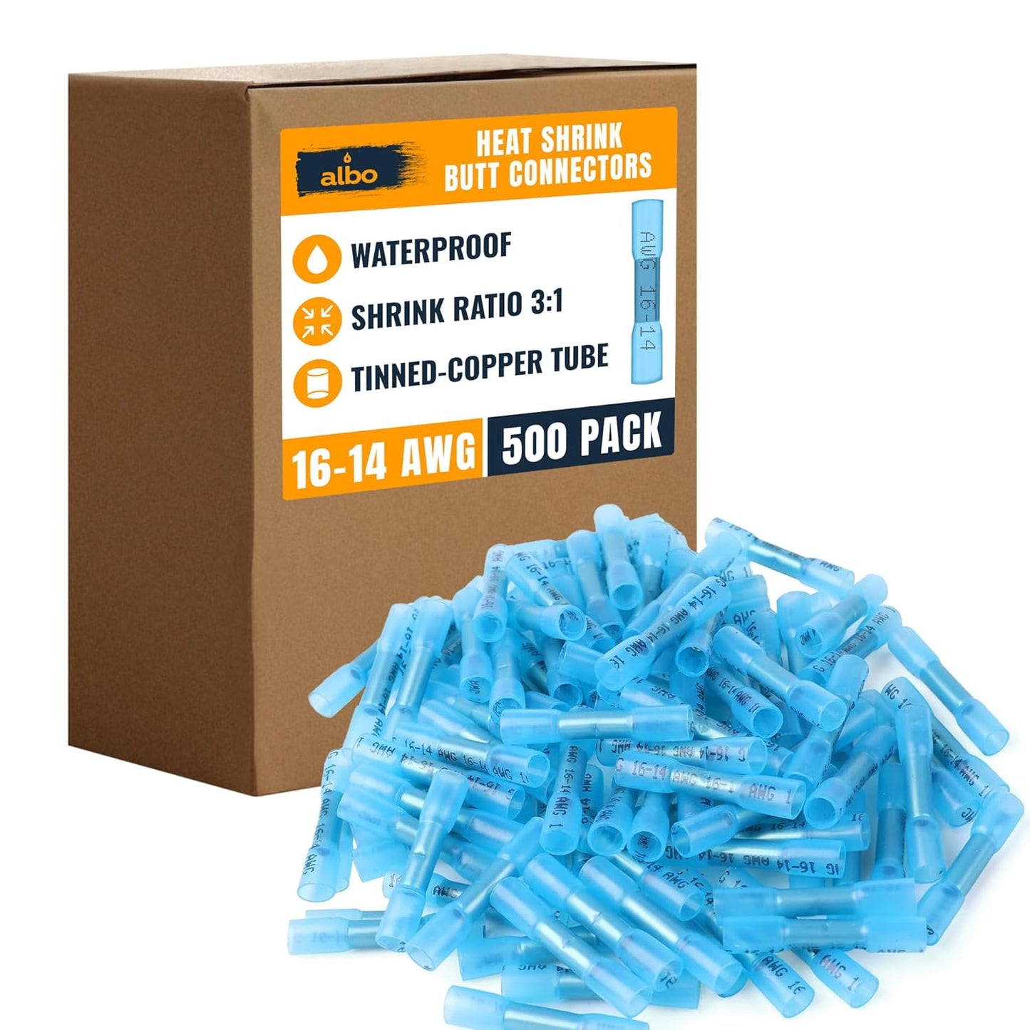 ALBO 500PCS 16-14 AWG Heat Shrink Butt Connectors for Wiring