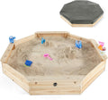 Wooden Large Sandbox with Cover - Outdoor Octagon Sand Box for Kids