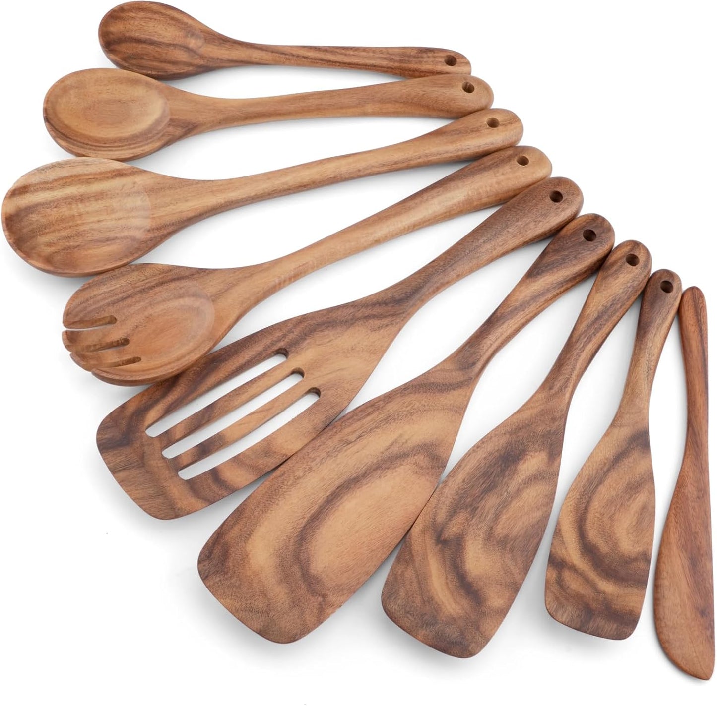 Wooden Cooking Utensils Set - 9 PCS Handmade Teak Wood Spoons