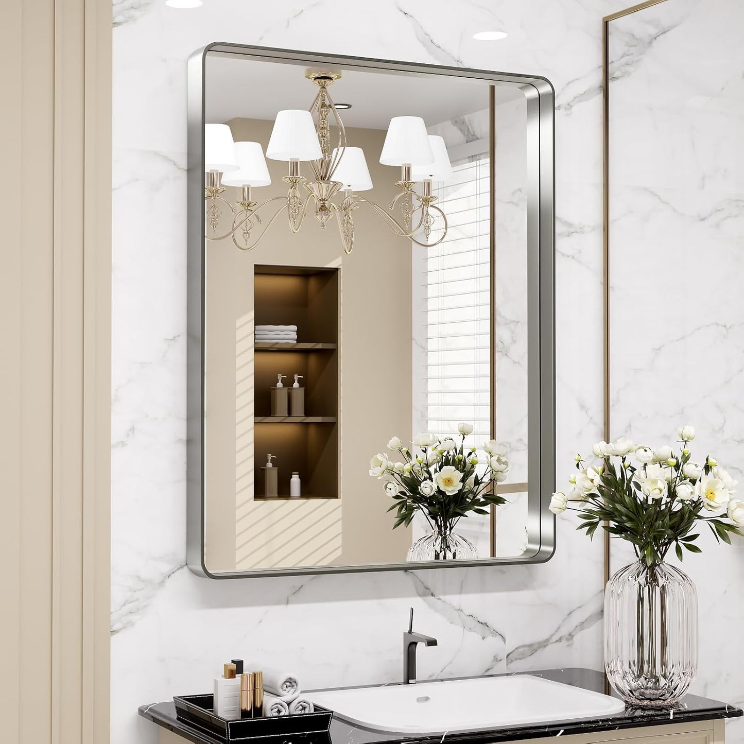 Brushed Nickel Bathroom Mirror with Rounded Rectangle Frame