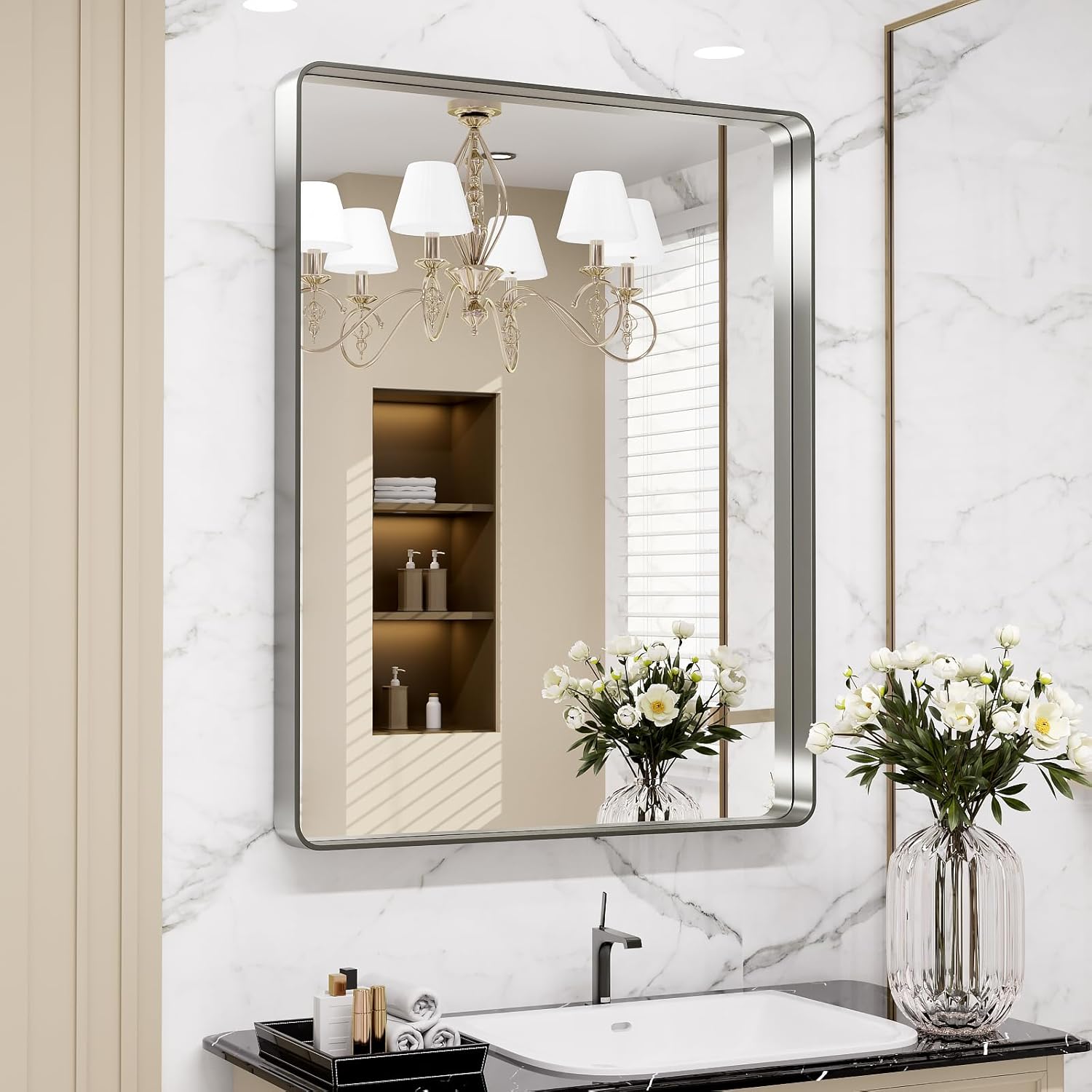 Brushed Nickel Bathroom Mirror with Rounded Rectangle Frame