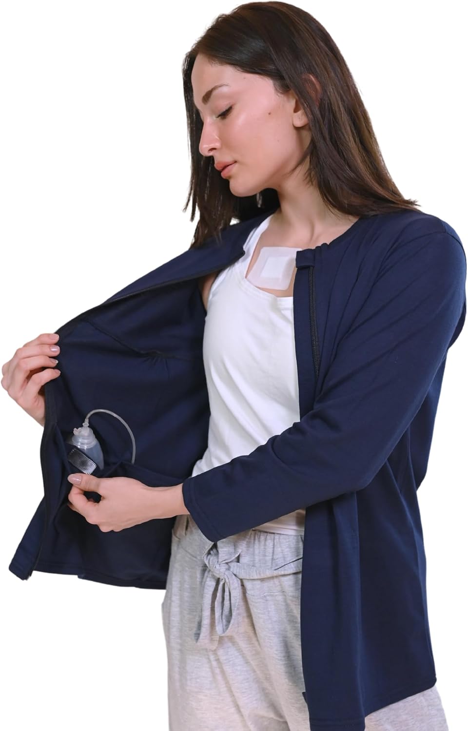 Mastectomy Recovery Full Sleeves Zip Up Shirt with Drain Pockets