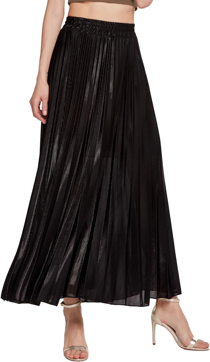 Premium Metallic Shimmer Accordion Pleated Long Maxi Skirt